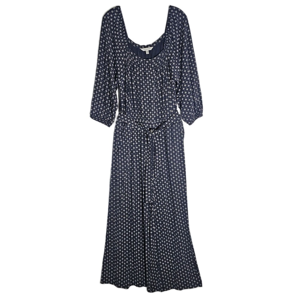 Garnet Hill Retro Femme Jumpsuit Large Navy Blue Wide Leg Square Neck Tencel L
